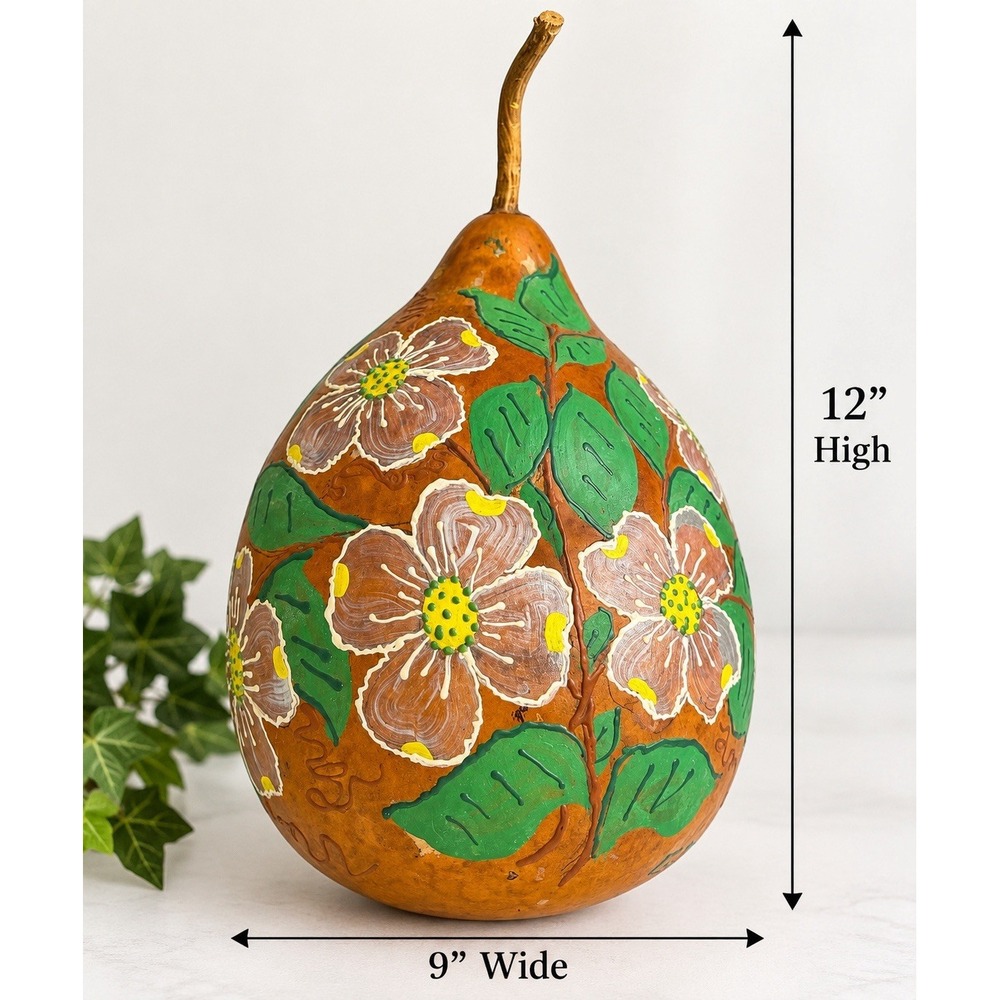 Vintage Hand Painted Gourd Folk Art Floral Pear Shape Signed 12" x 9" Decor